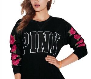 Victoria's Secret PINK XS Black Crew Sweatshirt Rose Embroidery Cozy Winter
